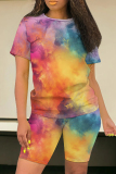 Purple Pink Casual Tie Dye Round Neck Short Sleeve T-shirt and Skinny Shorts Two Pieces Matching Sets
