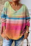 Blue Christmas Loose Casual Print V Neck Long Sleeve Sweater Tops