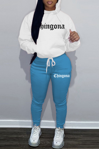 White Blue Sportwear Letter Print Hooded Long Sleeve Sweatshirt and Sweatpants Fall Winter Two Pieces Sweatsuits Sets