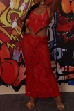 Red Party Club Sexy Lace See-Through Backless Halter Sleeveless Crop Tops and Long Wrap Skirts Two Pieces Dress Sets