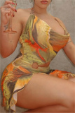 Yellow Watercolor Print Scoop Neck Sleeveless Side Cut-Out with O-Ring Asymmetrical Hem Vacation Beach Bodycon Mini Dress