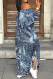 Blue Faux Denim Print Off Shoulder Long Sleeve Lace Up Side Slit Casual Outing Straight Loose Maxi Dress