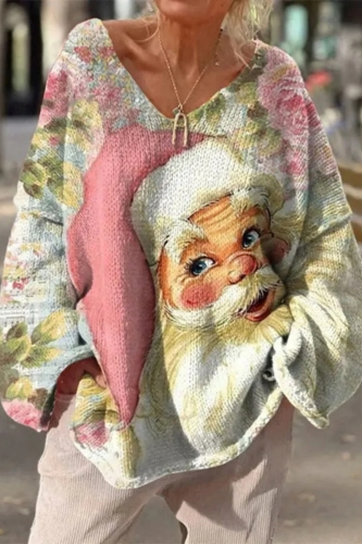Blue Christmas Loose Casual Print V Neck Long Sleeve Sweater Tops
