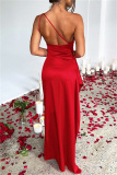 Apricot Sleeveless Backless One-Shoulder Ruched Waist High Thigh Slit Evening Party Bodycon Satin Maxi Dress