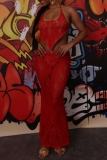 Red Party Club Sexy Lace See-Through Backless Halter Sleeveless Crop Tops and Long Wrap Skirts Two Pieces Dress Sets