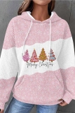Dark Pink Casual Christmas Tree Print Contrast Draw String Hooded Collar Long Sleeve Fall Winter Sweatshirts Tops