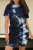 Purple Pink Casual Tie Dye Round Neck Short Sleeve T-shirt and Skinny Shorts Two Pieces Matching Sets