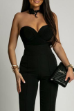 Black Sexy Patchwork V Neck Skinny Tube Toning Bodysuits
