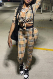 Khaki Skinny Casual Plaid Button up Turndown Collar Long Sleeve Shirts and Pencil Pants Two Pieces Matching Sets