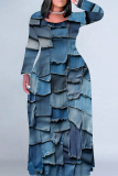 Grey Blue Graphic Floral Print O Neck Long Sleeve Floor Length Casual Outing Plus Size Loose Maxi Dress