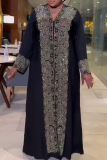 Black Embellished Deep V Neck Hot Drill Open Front Long Sleeve Evening Wear Straight Loose Kaftan Maxi Dress