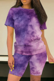 Purple Pink Casual Tie Dye Round Neck Short Sleeve T-shirt and Skinny Shorts Two Pieces Matching Sets