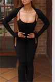 Grey Skinny U Neck halter Cami Jumpsuits and Long Sleeve Cardigans Blouse Two Pieces Matching Sets