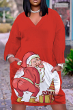 Orange Christmas Party Outfits Santa Claus Print V Neck Long Sleeve Plus Size Straight Loose Midi Dress