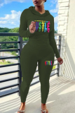 Black Skinny Sportwear Casual Letter Print Hooded Long Sleeve Sweatshirt and Sweatpants Fall Winter Two Pieces Sweatsuits Sets