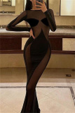 Black Sheer Mesh Bodycon Maxi Dress Round Neck Long Sleeve Night Out Evening Gown