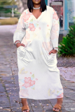 Pink Floral Print V Neck Long Sleeve Ankle Length Casual Outing Straight Loose Maxi Dress with Pocket