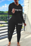 Black Skinny Sportwear Casual Letter Print Hooded Long Sleeve Sweatshirt and Sweatpants Fall Winter Two Pieces Sweatsuits Sets