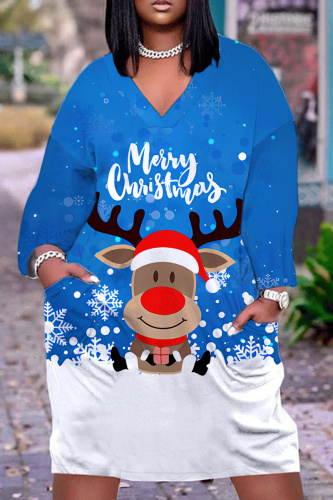 Blue Christmas Party Outfits Deer Cat Print V Neck Long Sleeve Plus Size Straight Loose Midi Dress