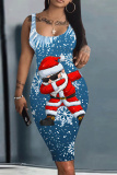 Blus Christmas Party Dress Santa Claus Print U Neck Sleeveless Knee Length Plus Size Bodycon Vest Midi Dresses