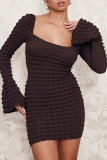 Coffee Bubble Textured Square Neck Flare Sleeve Night Out Holiday Party Bodycon Club Mini Dess