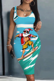 Blus Christmas Party Dress Santa Claus Print U Neck Sleeveless Knee Length Plus Size Bodycon Vest Midi Dresses