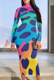 Purple Blue Animal Print O Neck Long Sleeve Casual Outing Vacation Fall Bodycon Maxi Dress