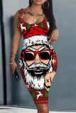 Blus Christmas Party Dress Santa Claus Print U Neck Sleeveless Knee Length Plus Size Bodycon Vest Midi Dresses