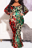 Gold Pink Leopard Print O Neck Long Sleeve Floor Length Casual Outing Vacation Bodycon Fishtail Maxi Dress