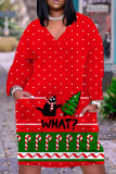 Blue Christmas Party Outfits Deer Cat Print V Neck Long Sleeve Plus Size Straight Loose Midi Dress