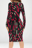 Brown Geometric Print V Neck Long Sleeve Casual Outing Bodycon Pencil Mid Dress