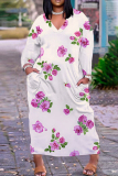 Pink Floral Print V Neck Long Sleeve Ankle Length Casual Outing Straight Loose Maxi Dress with Pocket