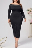 Black Off Shoulder Long Sleeve Hot Drill Formal Evening Party Bodycon Midi Dress