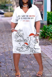 White Red Christmas Party Outfits Figure Print V Neck Short Sleeve Straight Loose Midi Dress