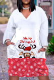 Blue Christmas Party Outfits Deer Cat Print V Neck Long Sleeve Plus Size Straight Loose Midi Dress