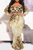 Gold Pink Leopard Print O Neck Long Sleeve Floor Length Casual Outing Vacation Bodycon Fishtail Maxi Dress