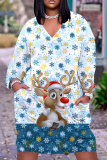 Blue Christmas Party Outfits Deer Cat Print V Neck Long Sleeve Plus Size Straight Loose Midi Dress