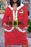 Black Christmas Party Outfits Santa Claus Print V Neck Long Sleeve Plus Size Straight Loose Midi Dress