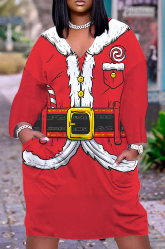 Black Christmas Party Outfits Santa Claus Print V Neck Long Sleeve Plus Size Straight Loose Midi Dress