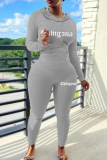 Black Skinny Sportwear Casual Letter Print Hooded Long Sleeve Sweatshirt and Sweatpants Fall Winter Two Pieces Sweatsuits Sets