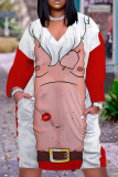 Black Christmas Party Outfits Santa Claus Print V Neck Long Sleeve Plus Size Straight Loose Midi Dress