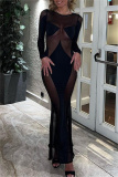 Black Sheer Mesh Bodycon Maxi Dress Round Neck Long Sleeve Night Out Evening Gown