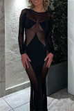 Black Sheer Mesh Bodycon Maxi Dress Round Neck Long Sleeve Night Out Evening Gown
