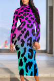 Purple Blue Animal Print O Neck Long Sleeve Casual Outing Vacation Fall Bodycon Maxi Dress