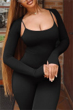 Grey Skinny U Neck halter Cami Jumpsuits and Long Sleeve Cardigans Blouse Two Pieces Matching Sets