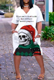 White Red Christmas Party Outfits Figure Print V Neck Short Sleeve Straight Loose Midi Dress
