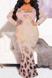 Gold Pink Leopard Print O Neck Long Sleeve Floor Length Casual Outing Vacation Bodycon Fishtail Maxi Dress