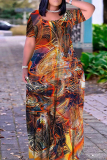Dark Brown Animal Print O Neck Short Sleeve Floor Length Casual Outing Plus Size Straight Loose Maxi Dress