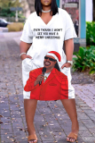 White Red Christmas Party Outfits Figure Print V Neck Short Sleeve Straight Loose Midi Dress