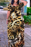 Dark Brown Animal Print O Neck Short Sleeve Floor Length Casual Outing Plus Size Straight Loose Maxi Dress